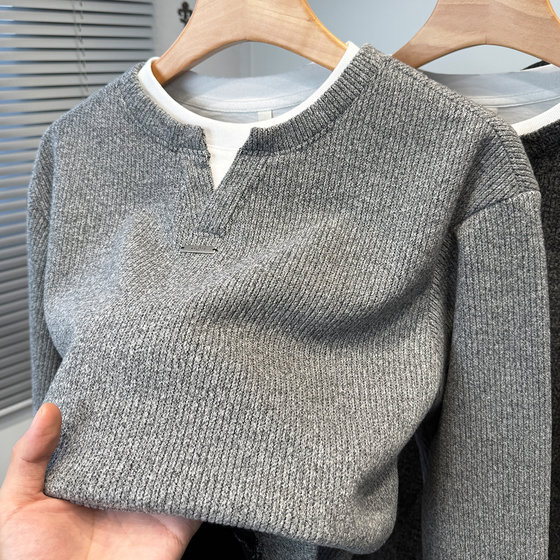 
Double-layer collar fake two-piece sweatshirt for men plus velvet and thickened Korean style casual knitted t-shirt for men to wear under the pullover