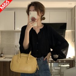 Black V-Neck Shirt for Women, Spring 2026 New Korean Style Loose Ruffled Long-Sleeve Top with Unique Design