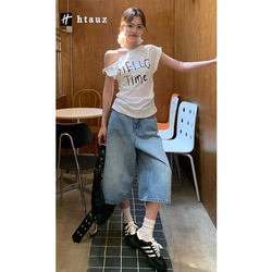 American Retro Summer Denim Capri Shorts for Women 2026 New High-Waisted Loose Slimming Thin Wide-Leg Mid-Length Pants Trendy