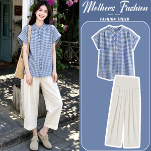 
Maternity suit summer thin 2026 new blue age-reducing plaid short-sleeved shirt tops and pants two-piece set for women