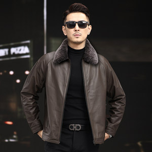 
Leather top layer calf leather jacket for men raboss sleeves short spring, autumn and winter can be removed goosebumpy wool collar jacket new style