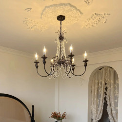 French Retro Chandelier, Black High-End Crystal Living Room Lamp, American Mid-Century Style Restaurant Bar Bedroom Study Lamp