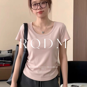 
Plus size women's clothing 2026 new summer style fat mm waist chic design unique u-neck right shoulder short-sleeved T-shirt top