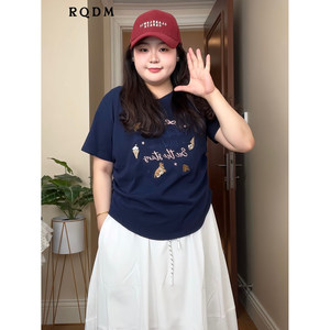 
Plus size women's clothing 2026 spring and summer new fat sister double waist slimming slim round neck right shoulder short-sleeved T-shirt top