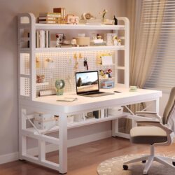 Solid Wood Computer Desk, Desk and Bookshelf Integrated, Home Desktop Office Desk, Perforated Board Gaming Table, Student Study Table