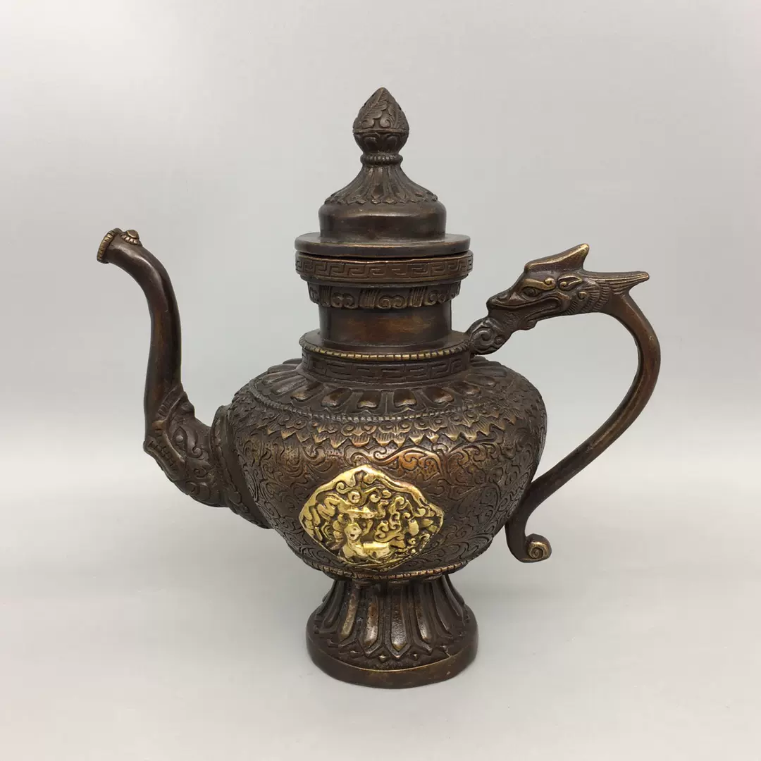 纯铜象腿双龙耳狮盖铜香炉摆香薰炉件三足炉老宣德炉香具收藏品