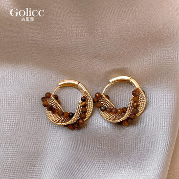 Tiger eye stone wrapped hoop earrings high-end earrings