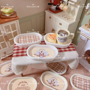 微缩场景树脂配件捏捏食玩餐盘小熊格纹diy饰品桌面摆件娃屋场景