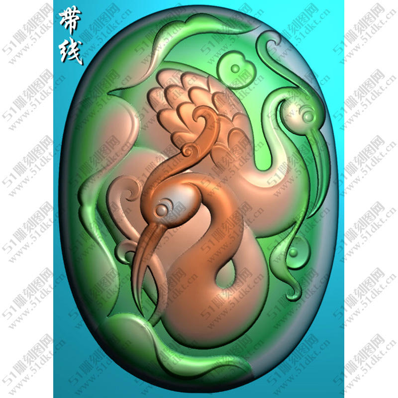 玉雕图椭圆两只白鹭双鹭仙鹤挂件精雕图jdp灰度图bmp