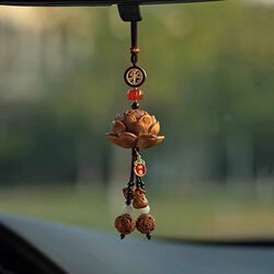 New Peach Wood Car Pendant, Peace and Safety Car Interior Decoration, Boxwood Lotus Rearview Mirror Ornament, Money Bag Full of Wealth Car Hanging Decoration