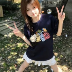 American-Style Navy Blue Pure Cotton Short-Sleeved T-Shirt for Girls, Summer Wear for 2026 Junior High and High School Students, Loose Half-Sleeved Top