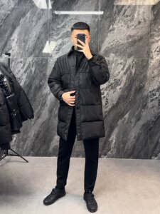 Light -cooked black men's fashion cotton clothing wild black couple medium long cotton coat stitching casual outer tide
