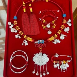 Pure Silver 999 Baby Longevity Lock Pure Silver Necklace Silver Bracelet New Chinese Style National Style Woven Necklace Baby First Birthday Gift