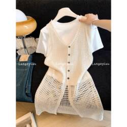 Summer Design-Inspired Korean-Style Knitted Mid-Length Hollow-Out Cover-Up Sleeveless Tank Dress, Versatile for Layering and Outerwear