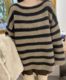 Retro lazy thickened striped sweater for women in autumn and winter 9-minute sleeves one-length neck sweater loose chic top pullover
