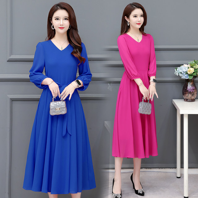 New summer solid color slim chiffon dress fashionable mother big hem skirt performance slimming belt skirt