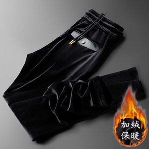 
Light luxury high-end black trousers for men in autumn and winter plus velvet to keep warm gold velvet trousers for men's slim and versatile casual trousers