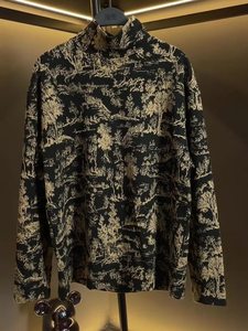 
European new fashion retro print contrasting long-sleeved inner tops men's autumn and winter casual high-neck pullover T-shirts