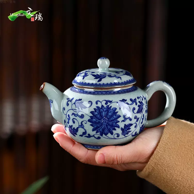 景德镇缠枝莲陶瓷茶壶手绘盖碗高档青花三才盖碗大师级柴烧老陶泥-Taobao