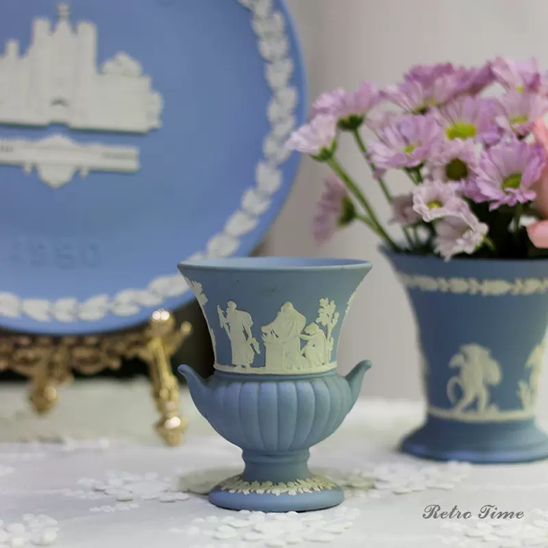 Retro中古英国Wedgwood玉石浮雕蓝白色花瓶花器陶瓷天使装饰摆件-Taobao