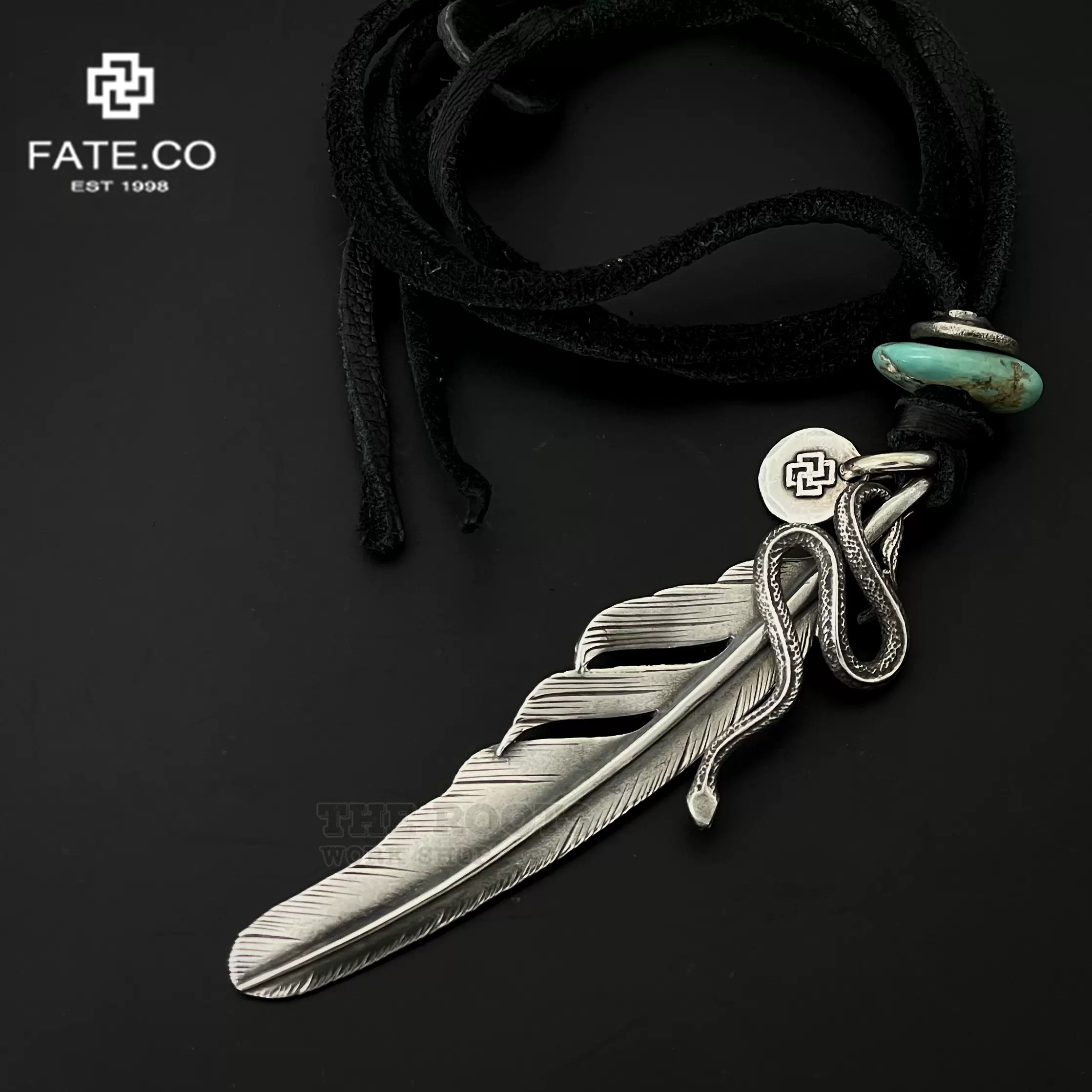 日本制FATE.CO 正规代理天然松石925银蛇缠羽卍字饼皮绳项链套装-Taobao 