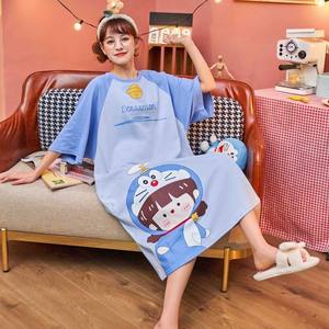 
Pure cotton short-sleeved nightgown for women summer fat mm extra large size home clothes cartoon mid-length over-the-knee sweet pajamas for female students