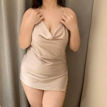 
Large size sexy lingerie mesh perspective tempting lace drawstring pajamas women's fat wife nightgown dress short skirt