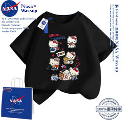 Nasa Co-Branded Cute Cartoon Kitty Cat Girls' Short-Sleeved T-Shirt, Pure Cotton, Soft, Summer Mother-Daughter Outfit, Trendy and Stylish