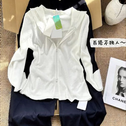 Sports Style White Fake Two-Piece Hooded Top for Women, Summer Thin Versatile Slimming Casual Long-Sleeve Double Zipper Jacket