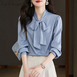La Chapelle Blue Bow Shirt for Women, Spring 2026 New Style, High-End Light Luxury Chiffon Long-Sleeve Top