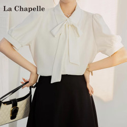 La Chapelle White Bow Short-Sleeved Shirt for Women, Summer 2026 New Style, Elegant Loose-Fitting Professional Formal Shirt