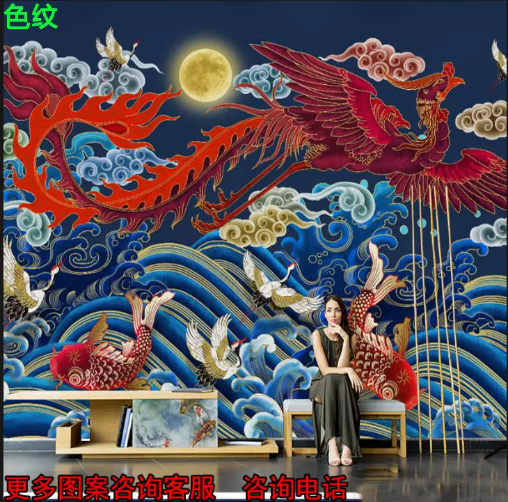 3d抽象复古艺术敦煌壁画飞天凤凰壁纸电视背景墙布刺青纹身店