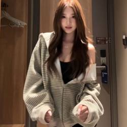 Korean-Style Atmospheric Striped Hooded Sweatshirt for Women, Autumn 2025 New Loose and Relaxed Zip-Up Cardigan Jacket