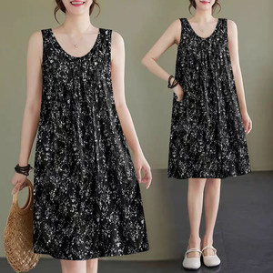 
2025 summer new loose suspender a-line skirt covering belly and making it look slim in sleeveless vest skirt round neck floral dress for women