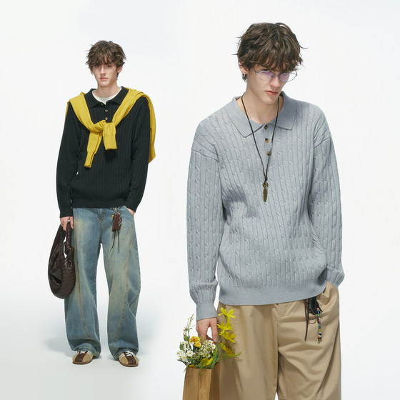 
Dream made old money style light luxury cable polo neck sweater men's autumn and winter couple twist sweater