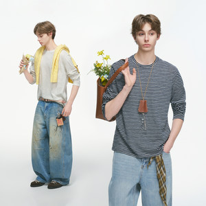 Dream made 美式通勤细条纹长袖T恤男款春秋季休闲内搭打底衫上衣