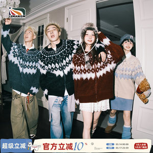 
lemanism American trendy contrast color Fair Isle knitted cardigan for men 2025 winter couple style new sweater for women