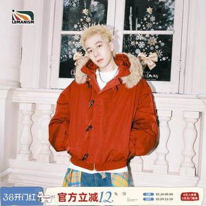 
lemanism American trendy horn button fur collar mountain carving cotton coat for men 2025 couple style warm jacket for women