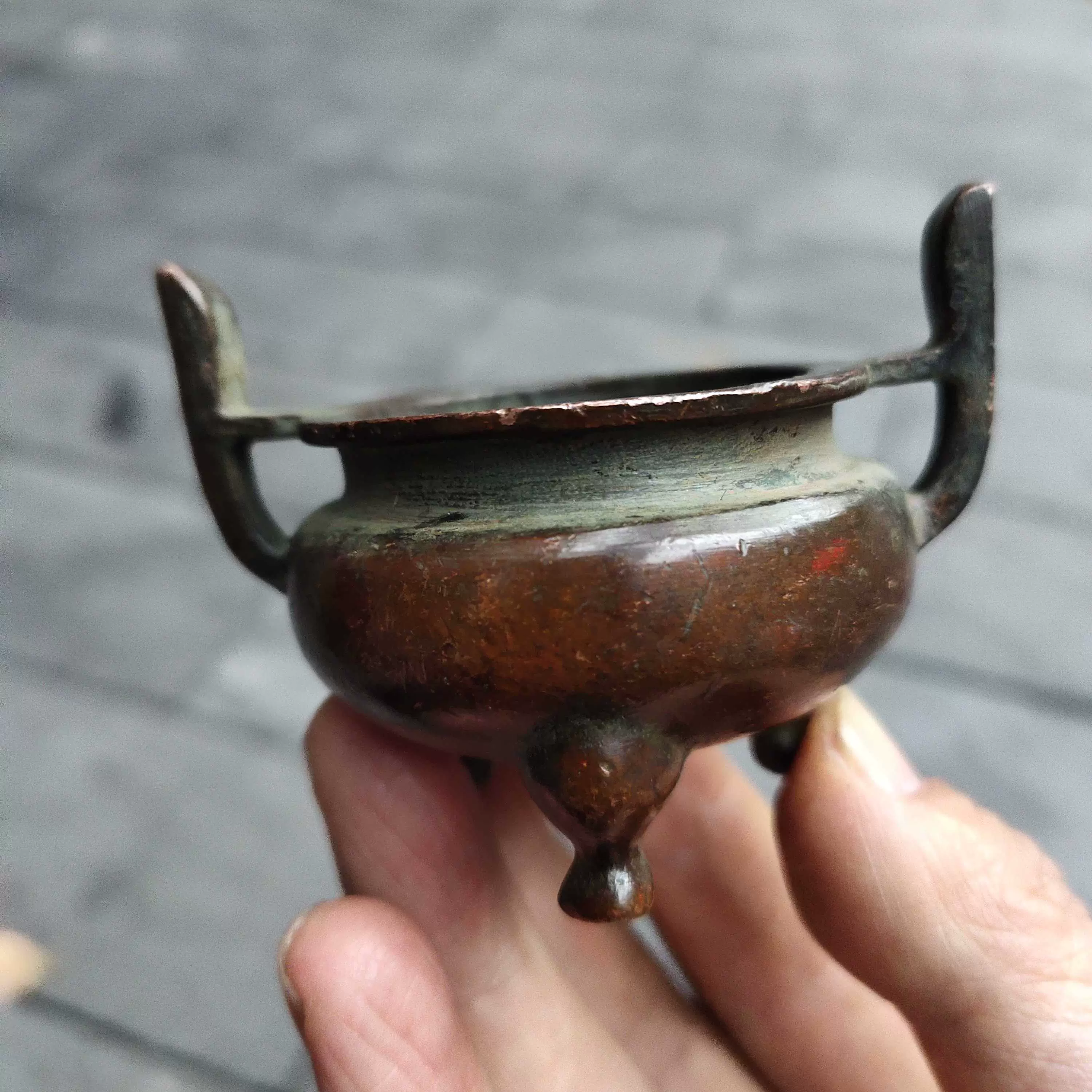 古玩铜器收藏仿古大明宣德年制黄铜香炉包浆老道家居