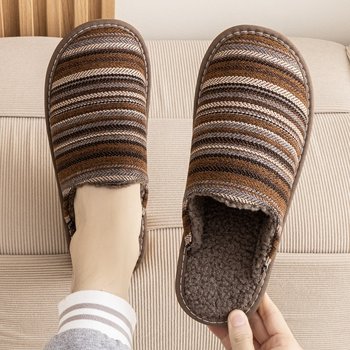 European style new autumn and winter slippers to keep warm at home for couples men and women wooden floor non-slip silent flat soft bottom cotton slippers