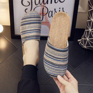 Japanese -style flax slippers High -value fabric cotton cotton and linen home quiet soft flat bottom men and women Baotou confinement