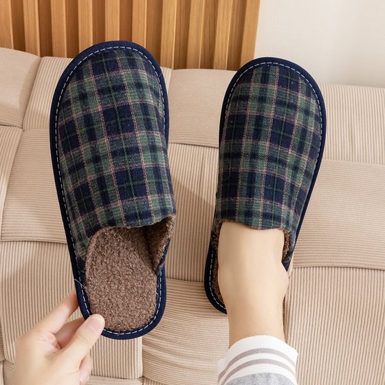 
High-end cotton slippers for men, stain-resistant and warm, autumn and winter new style, women's household fabric mute flat-bottomed couple's head-toe slippers