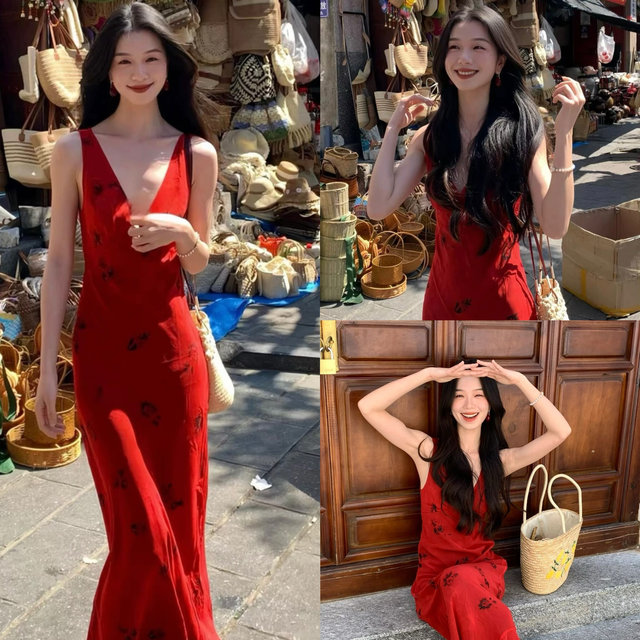 Meme Online Store Long Skirt Sexy Deep V Neck Slim Dress Summer Red ...