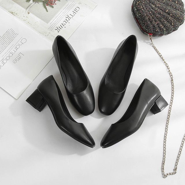 Work Shoes for Women, Black High Heels, Thick Heels, Single Shoes