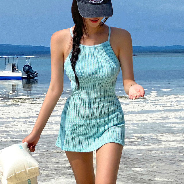 Korean ins sweet backless knitted skirt split swimsuit for women 2025 new style of belly-covering and slimming vacation swimsuit