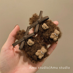Autumn and Winter Cartoon Plush Bear Bow Hair Clip for Girls, Sweet Forehead Fringe Bb Clip, Side Bangs Clip, Side Clip