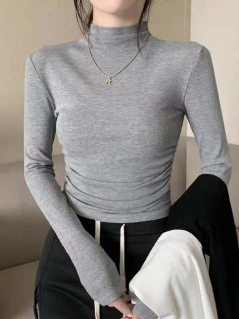 Slim half-turtle collar plus velvet pleated bottoming shirt for women ...