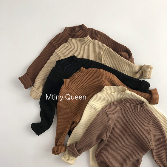 
25 autumn and winter boys and girls solid color elastic slim knitted sweater pit bottoming shirt children's soft waxy half turtleneck sweater
