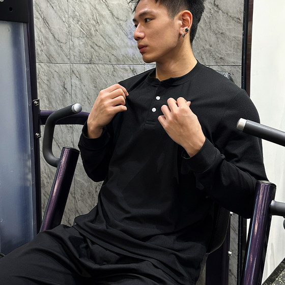 
bkcxzice ice-breaking authentic Henry collar American retro solid color long-sleeved men's loose sports t-shirt basketball sweatshirt