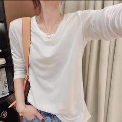 Pure Cotton White Long-Sleeved T-Shirt for Women, 2025 Autumn New Style, Plus Size, Suitable for Chubby Women, Base Layer, Slimming Top